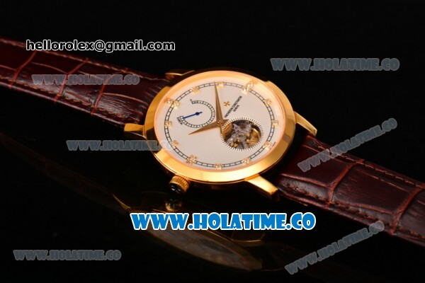 Vacheron Constantin Patrimony Tourbillon Swiss ETA 2824 Automatic Yellow Gold Case with Diamonds Markers Brown Leather Strap and White Dial - Click Image to Close